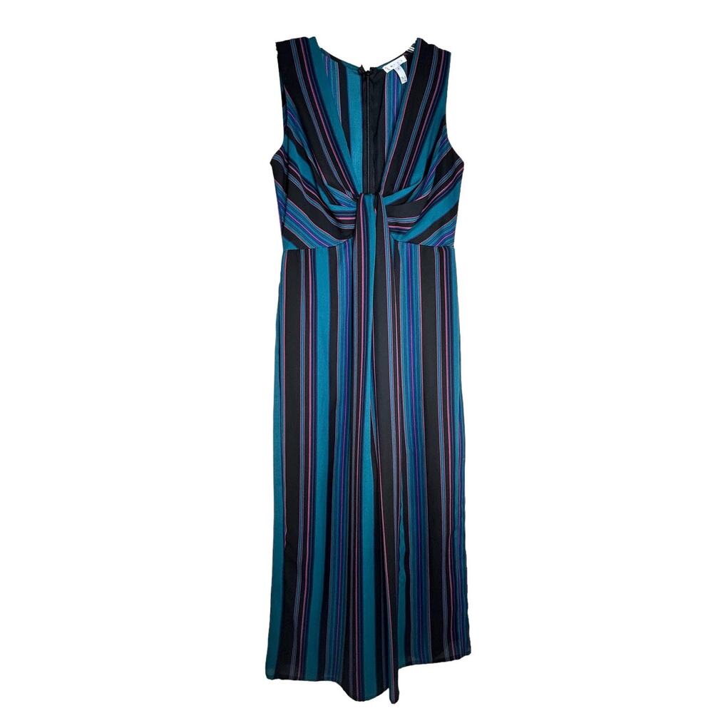 Leith Striped Jumpsuit‎ Women's Size S Teal Blue Twist Front V-Neck Career Work